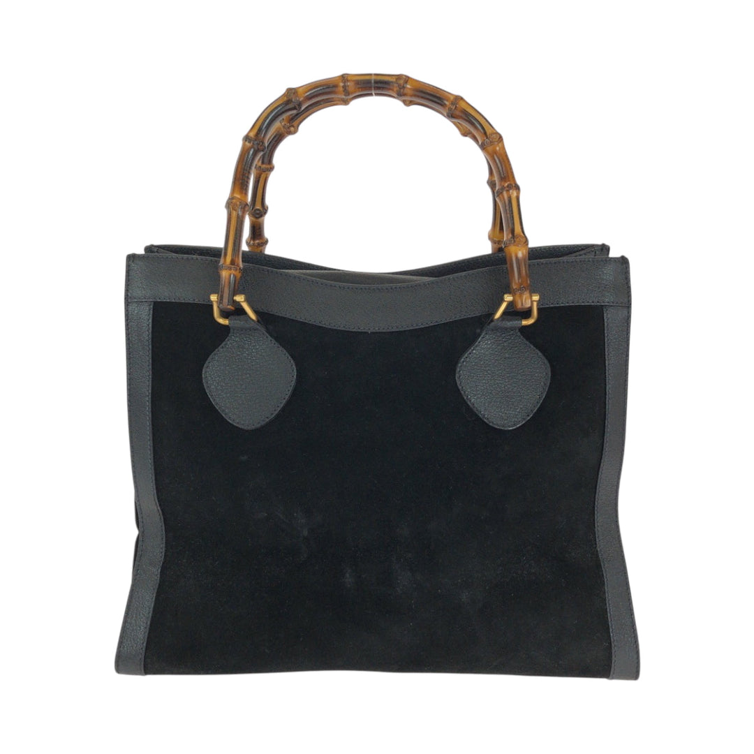 GUCCI Tote Bag 002 1186 0260 Suede Black Brown Gold Metal Tote Bag handbag Bamboo Diana Women Used Authentic
