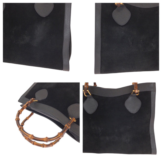 GUCCI Tote Bag 002 1186 0260 Suede Black Brown Gold Metal Tote Bag handbag Bamboo Diana Women Used Authentic