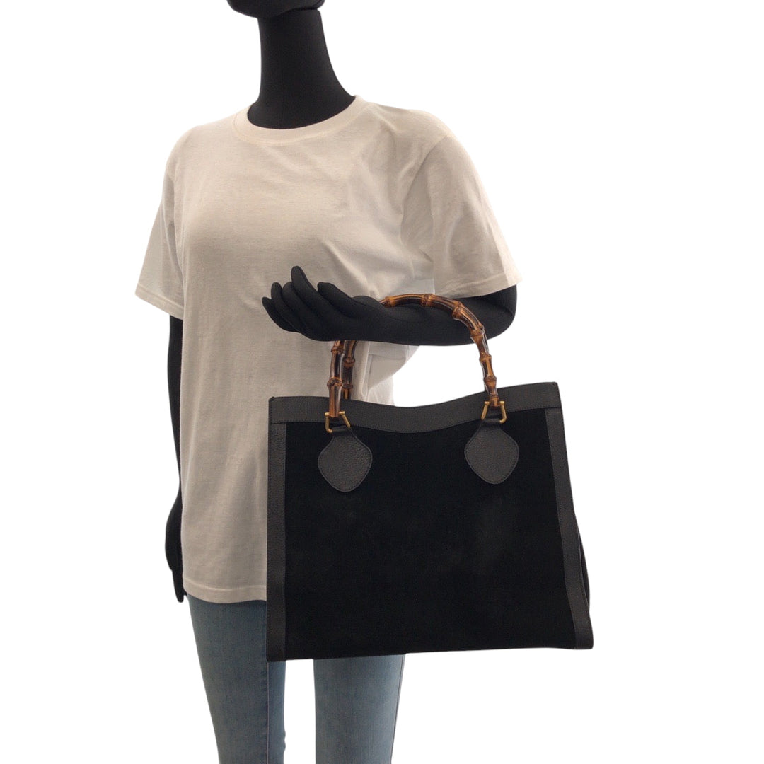 GUCCI Tote Bag 002 1186 0260 Suede Black Brown Gold Metal Tote Bag handbag Bamboo Diana Women Used Authentic