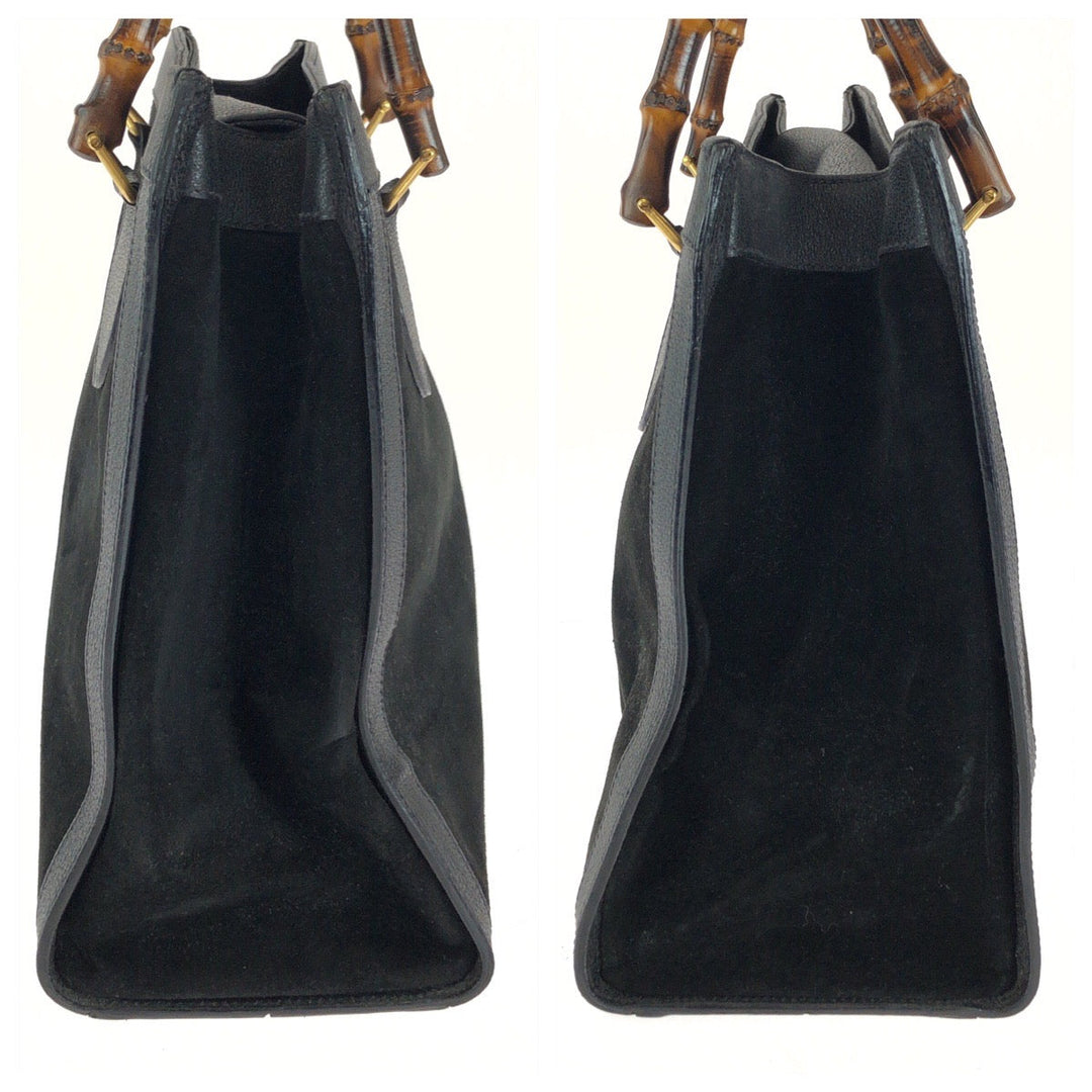 GUCCI Tote Bag 002 1186 0260 Suede Black Brown Gold Metal Tote Bag handbag Bamboo Diana Women Used Authentic