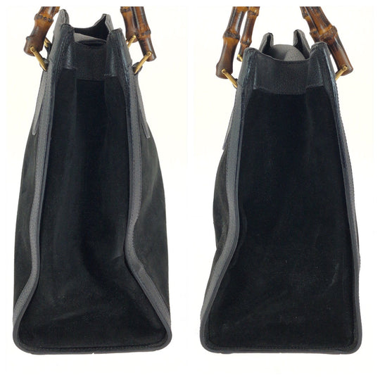 GUCCI Tote Bag 002 1186 0260 Suede Black Brown Gold Metal Tote Bag handbag Bamboo Diana Women Used Authentic