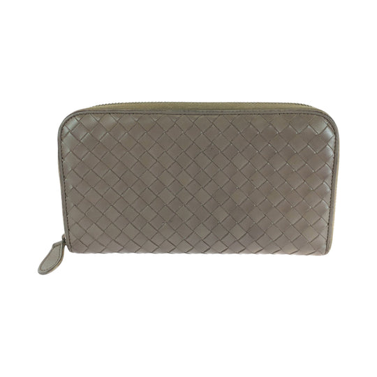 BOTTEGAVENETA Long Wallet Purse Calfskin Brown Long Wallet Purse Zip Around INTRECCIATO mens Used Authentic