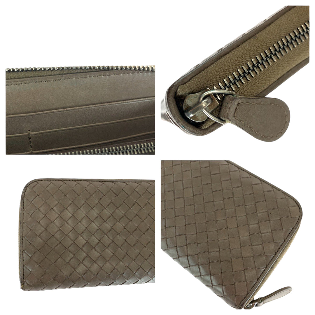 BOTTEGAVENETA Long Wallet Purse Calfskin Brown Long Wallet Purse Zip Around INTRECCIATO mens Used Authentic