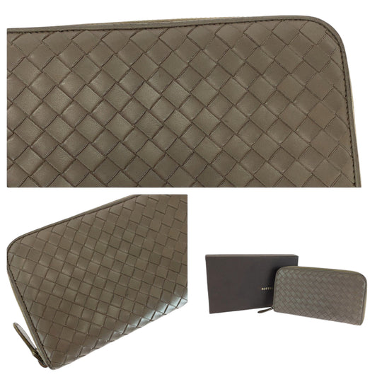 BOTTEGAVENETA Long Wallet Purse Calfskin Brown Long Wallet Purse Zip Around INTRECCIATO mens Used Authentic