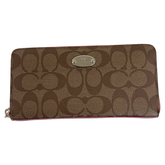 COACH Long Wallet Purse 52682 PVC Brown Pink SilverMetal Long Wallet Purse Zip Around Signature Women Used Authentic