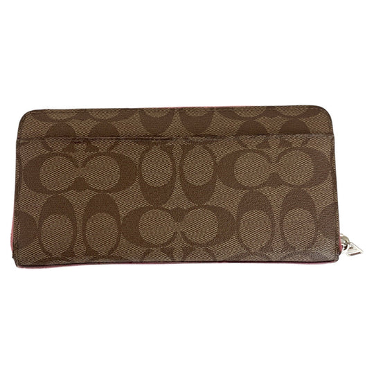 COACH Long Wallet Purse 52682 PVC Brown Pink SilverMetal Long Wallet Purse Zip Around Signature Women Used Authentic