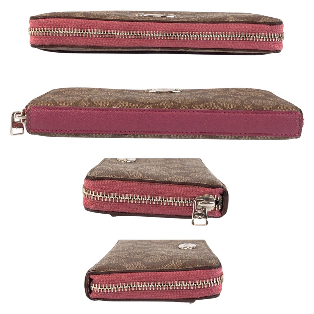 COACH Long Wallet Purse 52682 PVC Brown Pink SilverMetal Long Wallet Purse Zip Around Signature Women Used Authentic