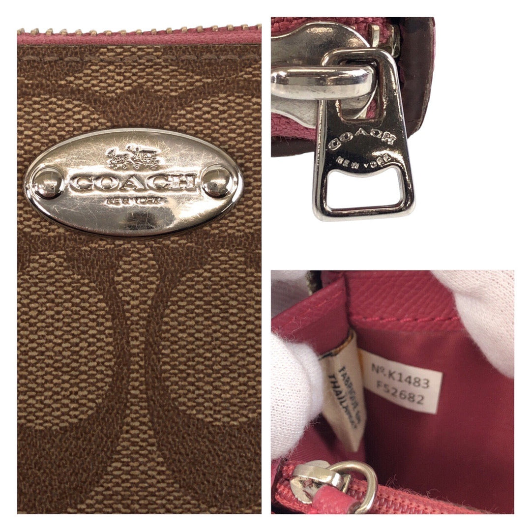 COACH Long Wallet Purse 52682 PVC Brown Pink SilverMetal Long Wallet Purse Zip Around Signature Women Used Authentic