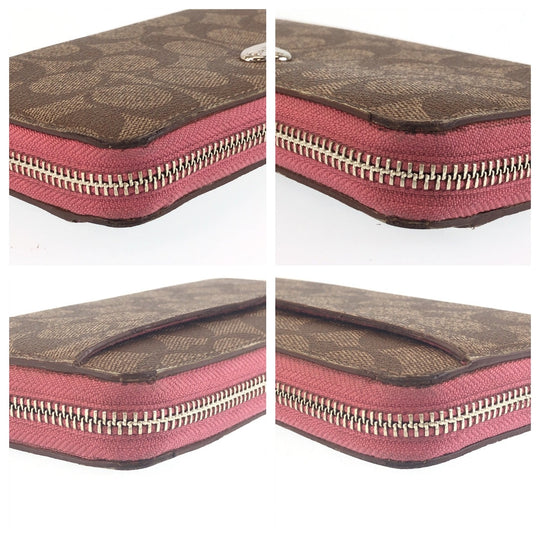 COACH Long Wallet Purse 52682 PVC Brown Pink SilverMetal Long Wallet Purse Zip Around Signature Women Used Authentic