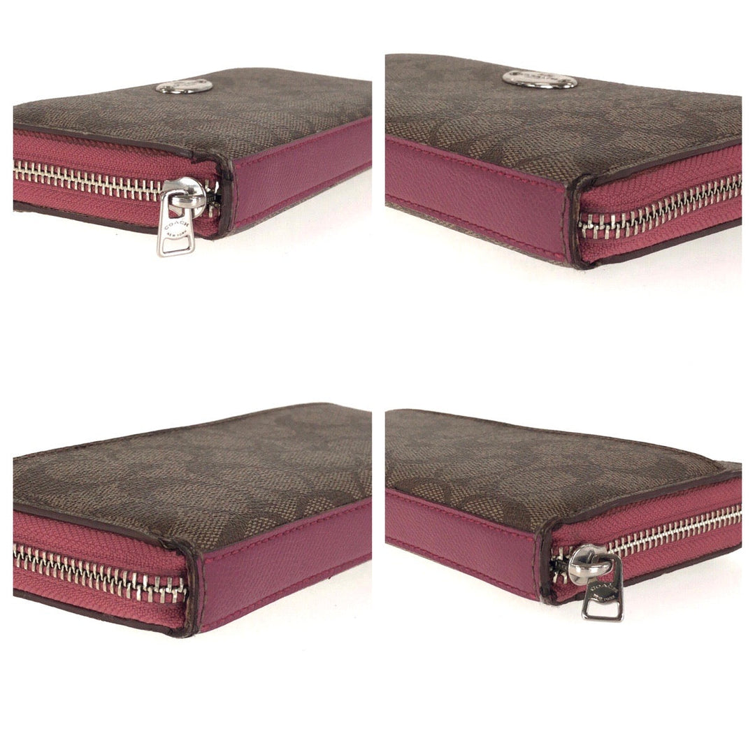 COACH Long Wallet Purse 52682 PVC Brown Pink SilverMetal Long Wallet Purse Zip Around Signature Women Used Authentic