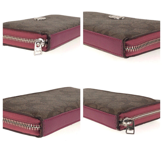 COACH Long Wallet Purse 52682 PVC Brown Pink SilverMetal Long Wallet Purse Zip Around Signature Women Used Authentic