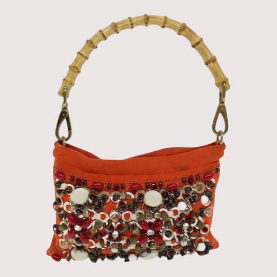 Miu Miu Bamboo Handbag Canvas Orange Beaded Embellished Women's Bag