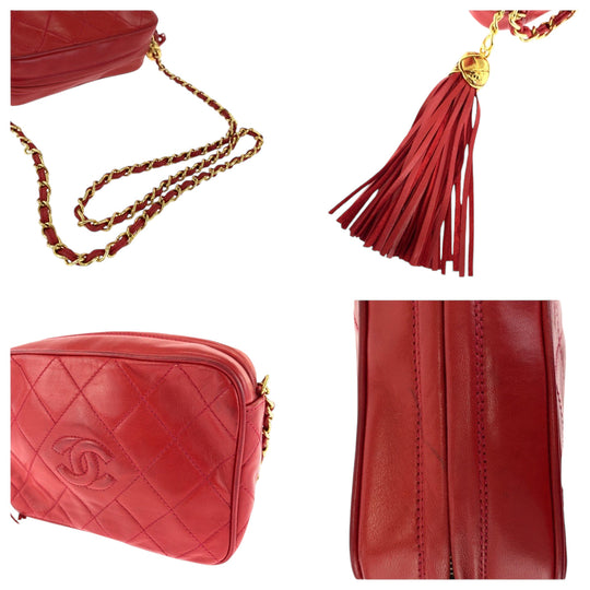 CHANEL Shoulder Bag lambskin Red Gold Metal Shoulder Bag Shoulder Bag Matrasse COCO Mark fringe tassel Women Used Authentic