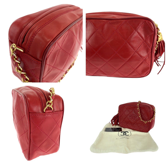 CHANEL Shoulder Bag lambskin Red Gold Metal Shoulder Bag Shoulder Bag Matrasse COCO Mark fringe tassel Women Used Authentic