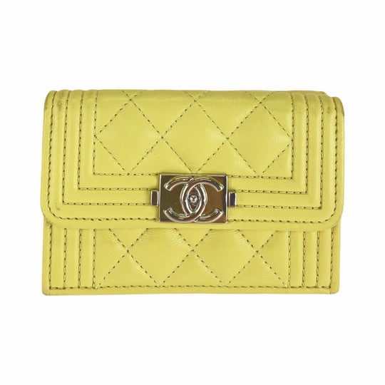 CHANEL Tri-fold wallet lambskin yellow Folding wallet Compact wallet Boy chanel Women Used Authentic