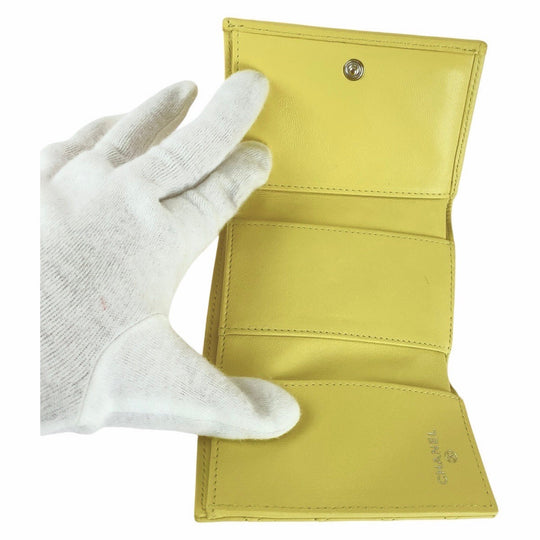 CHANEL Tri-fold wallet lambskin yellow Folding wallet Compact wallet Boy chanel Women Used Authentic
