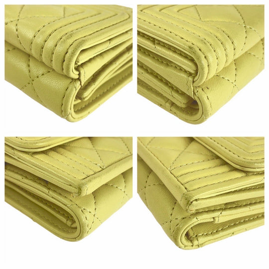 CHANEL Tri-fold wallet lambskin yellow Folding wallet Compact wallet Boy chanel Women Used Authentic