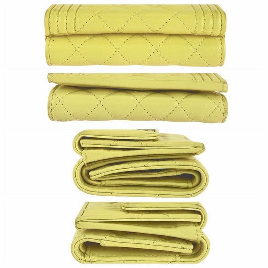CHANEL Tri-fold wallet lambskin yellow Folding wallet Compact wallet Boy chanel Women Used Authentic