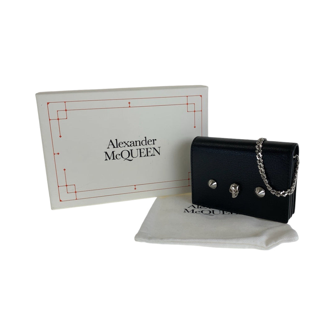 Alexander McQueen Shoulder Bag leather Black SilverMetal ChainShoulder Bag Coin case skull studs Women Used Authentic