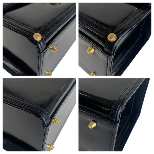 VERSACE Handbag enamel Black Gold Metal Handbag vanity bag Sunburst Women Used Authentic