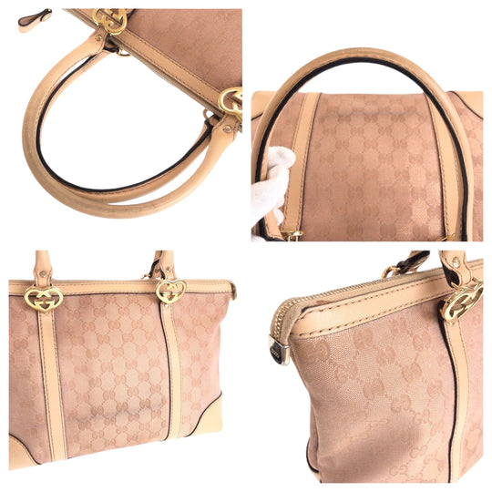 GUCCI Tote Bag 257069 GG canvas Pink Beige Gold Metal Tote Bag Shoulder Bag Lovely Women Used Authentic