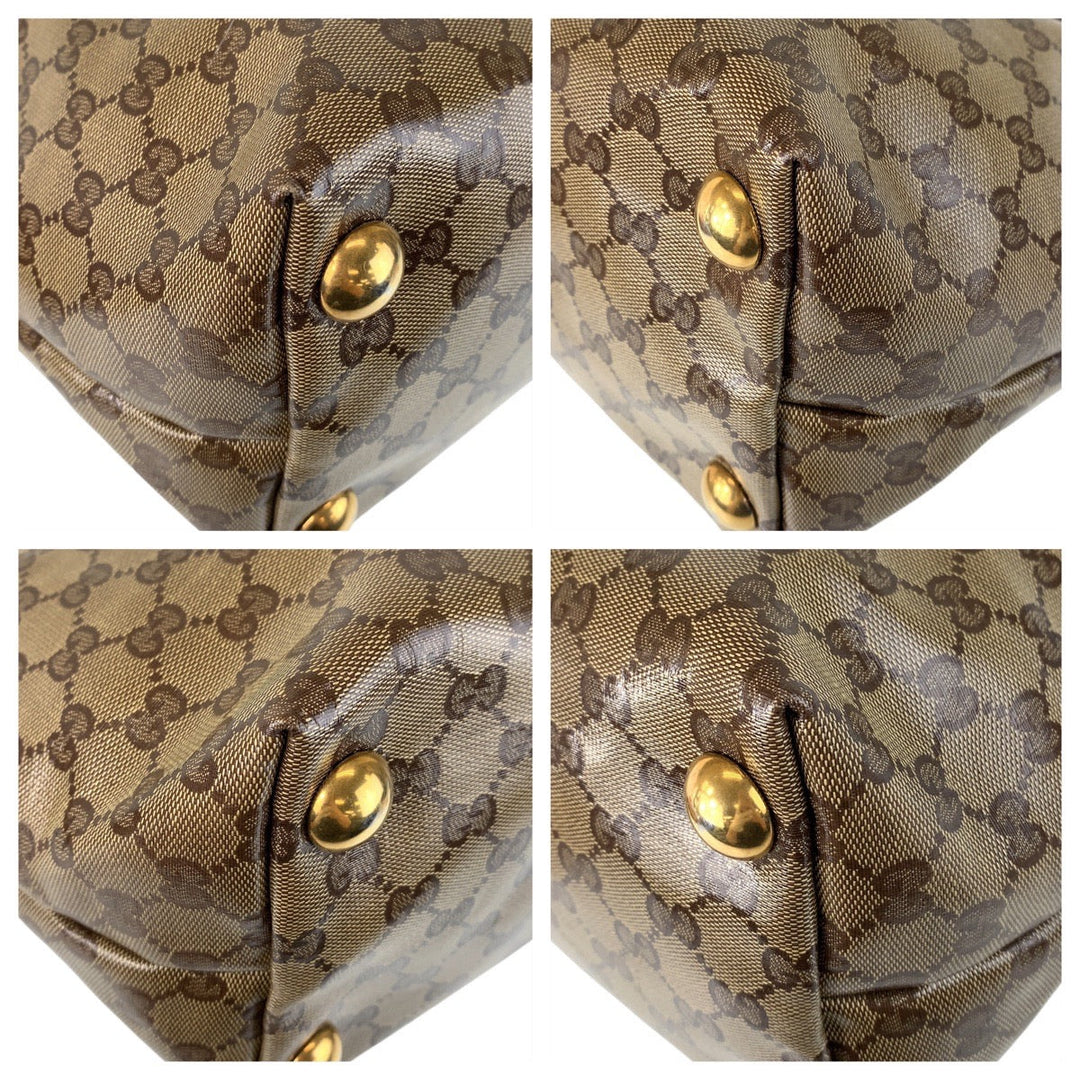 GUCCI Tote Bag 207291 PVC, Leather Brown Gold Metal Tote Bag Shoulder Bag GG crystal Women Used Authentic