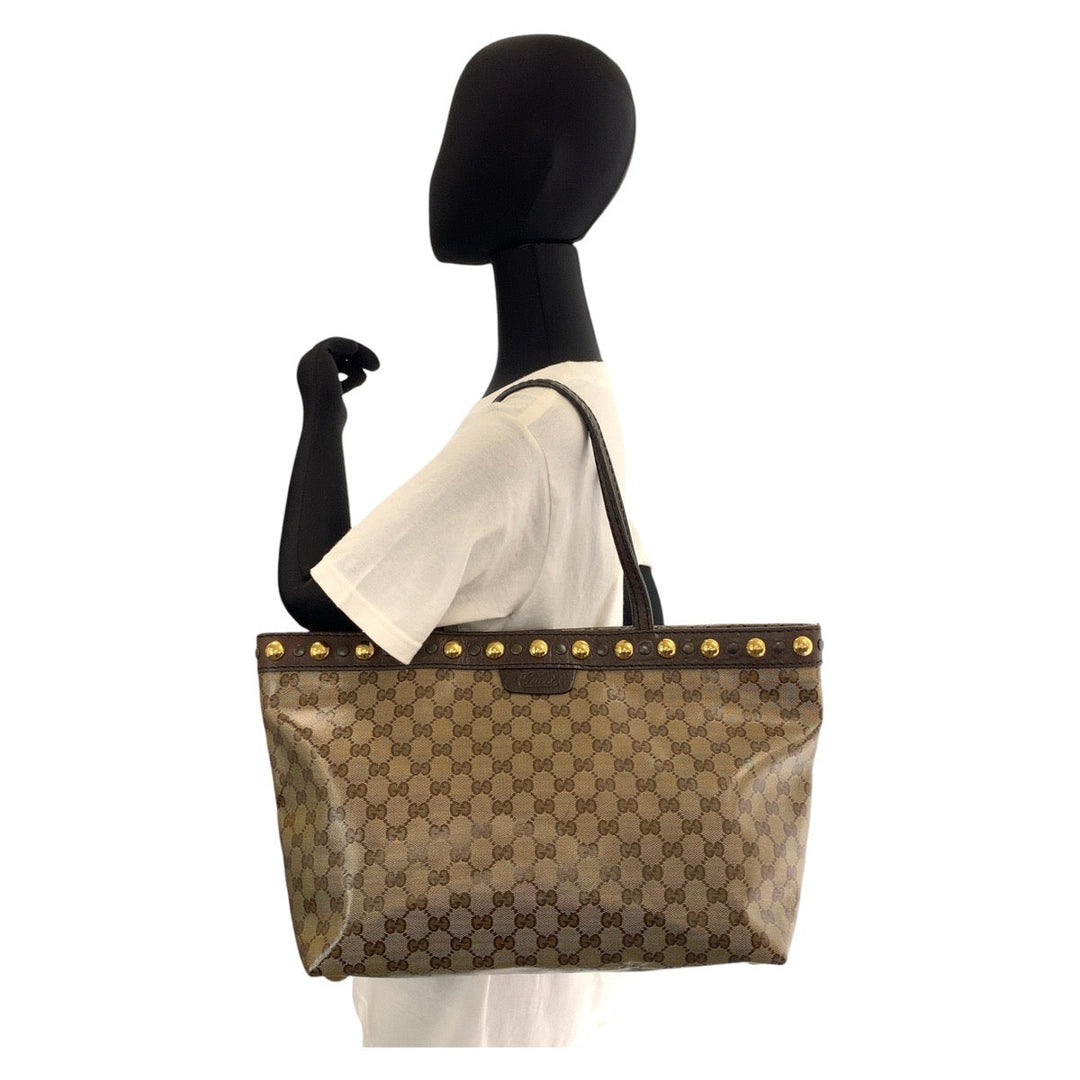 GUCCI Tote Bag 207291 PVC, Leather Brown Gold Metal Tote Bag Shoulder Bag GG crystal Women Used Authentic