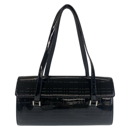 BURBERRY Shoulder Bag Patent leather Black SilverMetal Shoulder Bag Check Pattern Embossed Women Used Authentic
