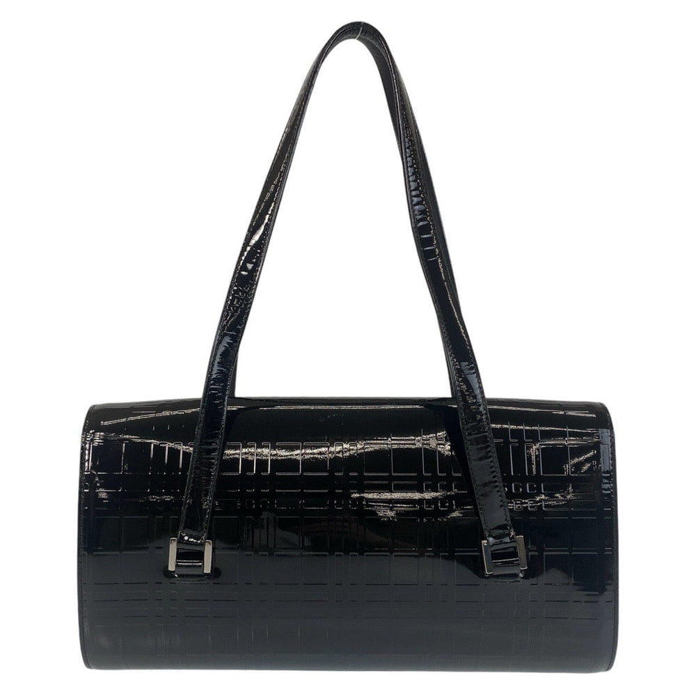 BURBERRY Shoulder Bag Patent leather Black SilverMetal Shoulder Bag Check Pattern Embossed Women Used Authentic