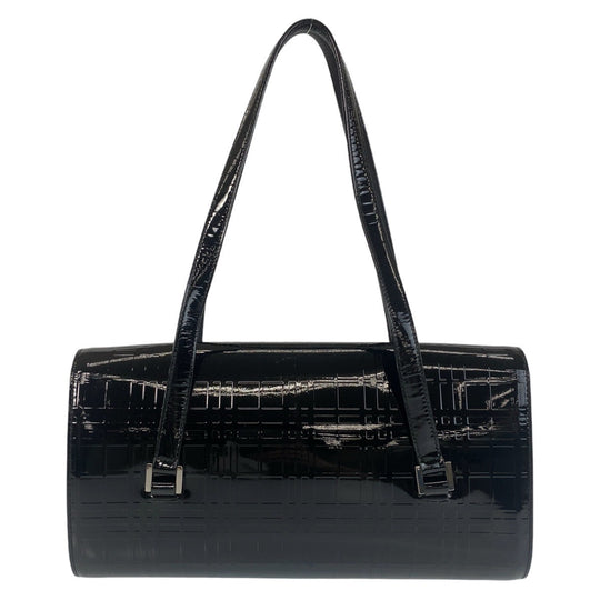 BURBERRY Shoulder Bag Patent leather Black SilverMetal Shoulder Bag Check Pattern Embossed Women Used Authentic