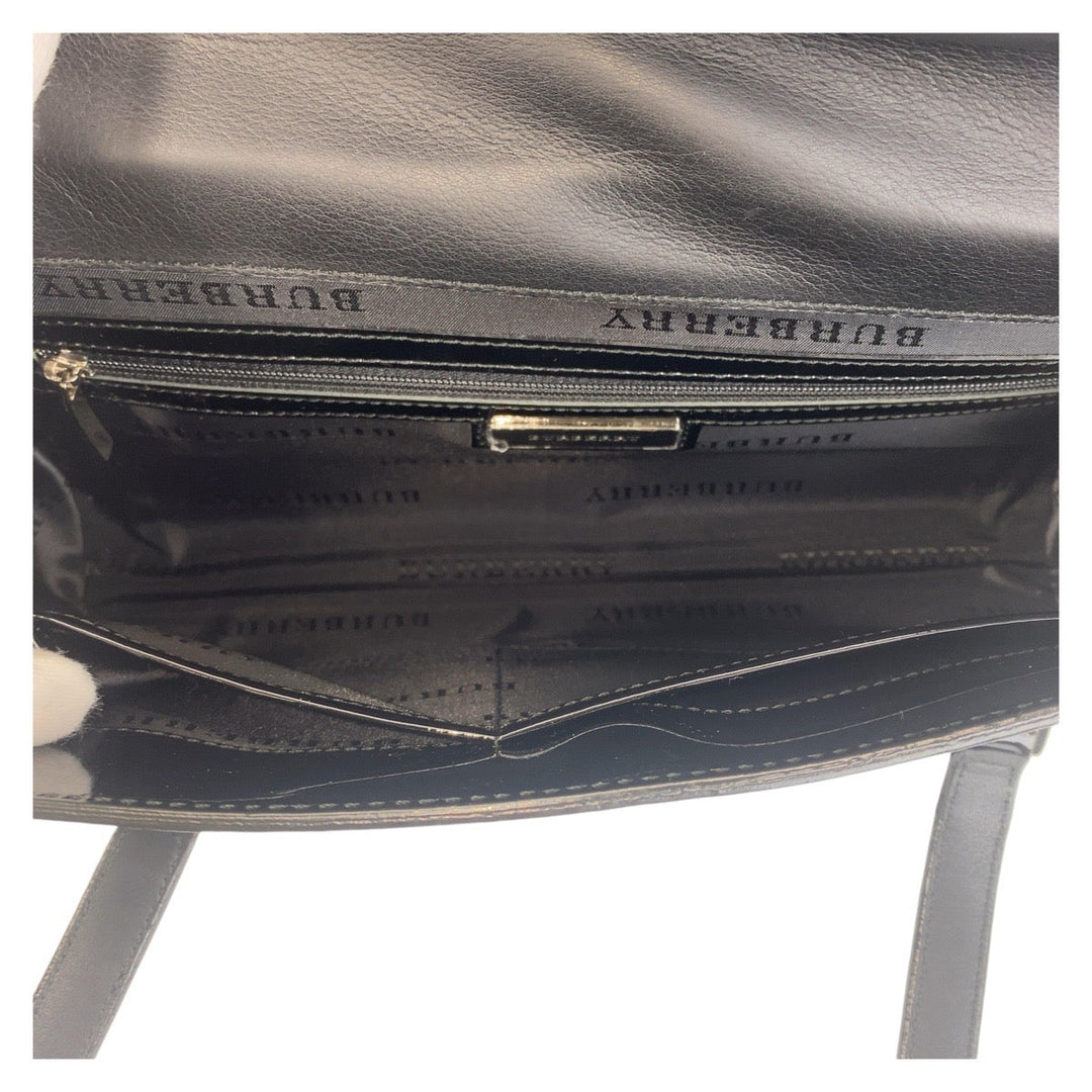 BURBERRY Shoulder Bag Patent leather Black SilverMetal Shoulder Bag Check Pattern Embossed Women Used Authentic