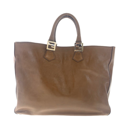 FENDI Tote Bag leather Brown Gold Metal Tote Bag handbag Women Used Authentic