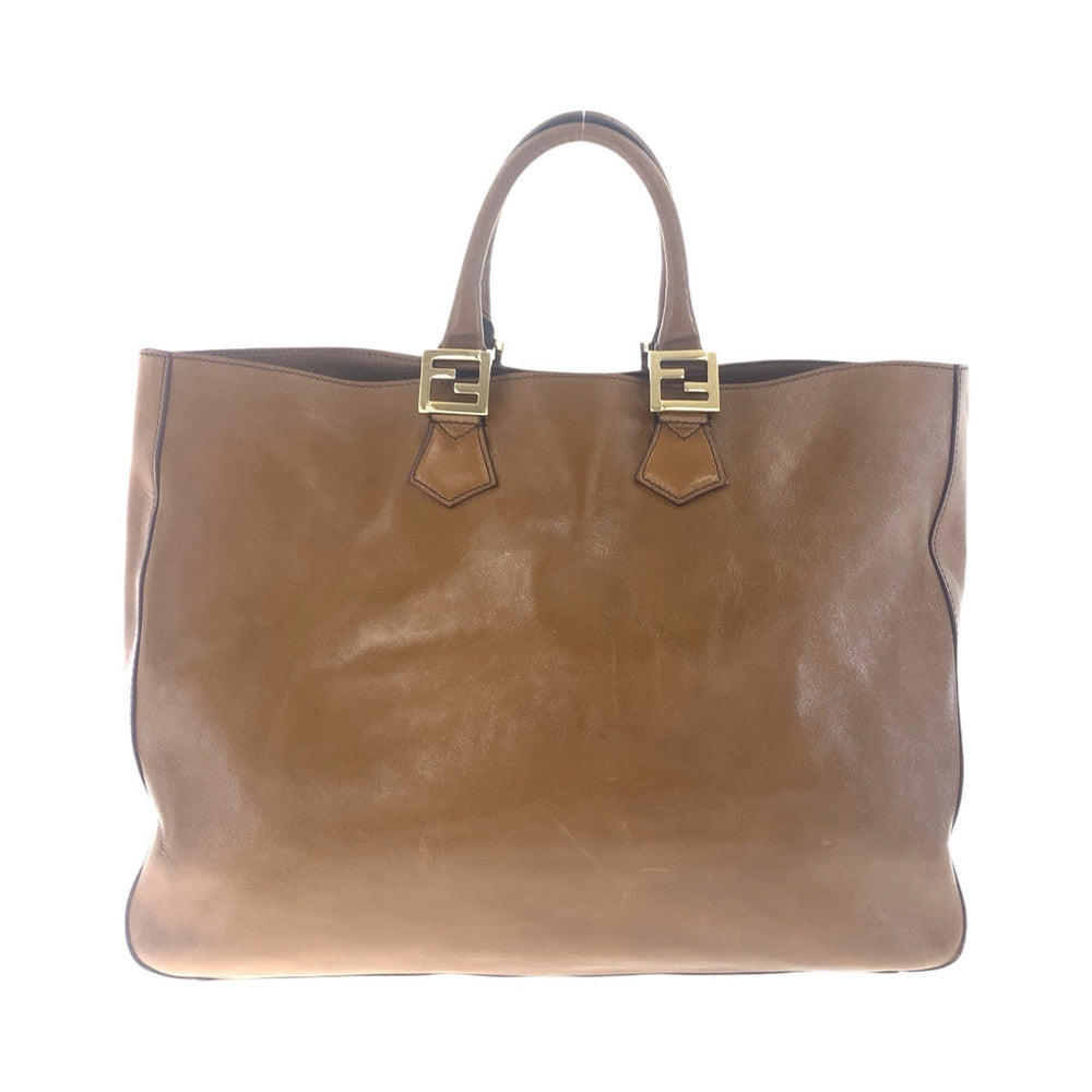 FENDI Tote Bag leather Brown Gold Metal Tote Bag handbag Women Used Authentic