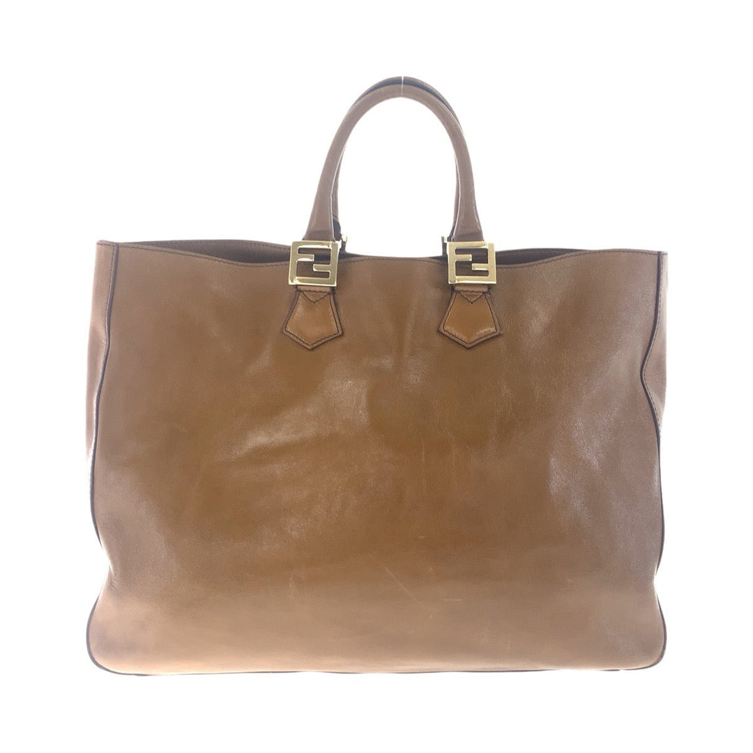 FENDI Tote Bag leather Brown Gold Metal Tote Bag handbag Women Used Authentic