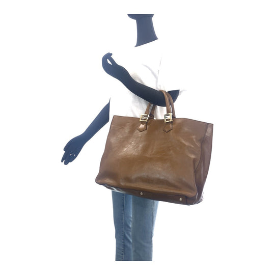 FENDI Tote Bag leather Brown Gold Metal Tote Bag handbag Women Used Authentic