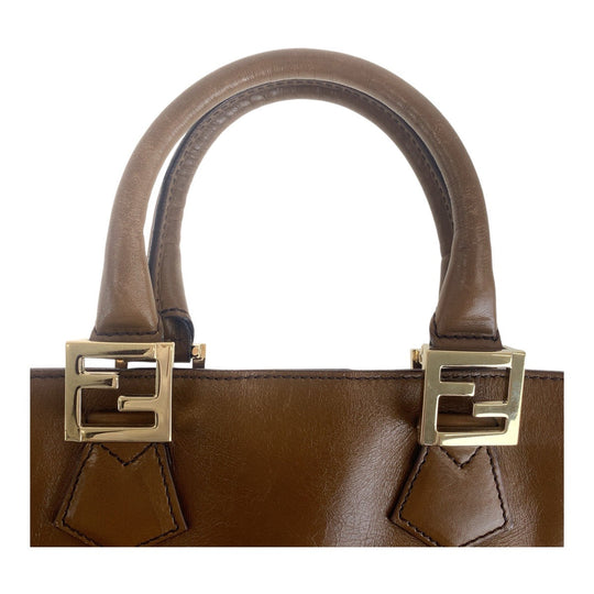 FENDI Tote Bag leather Brown Gold Metal Tote Bag handbag Women Used Authentic