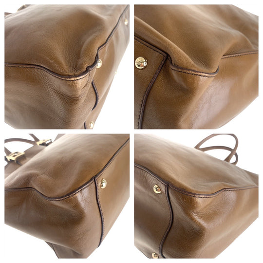 FENDI Tote Bag leather Brown Gold Metal Tote Bag handbag Women Used Authentic