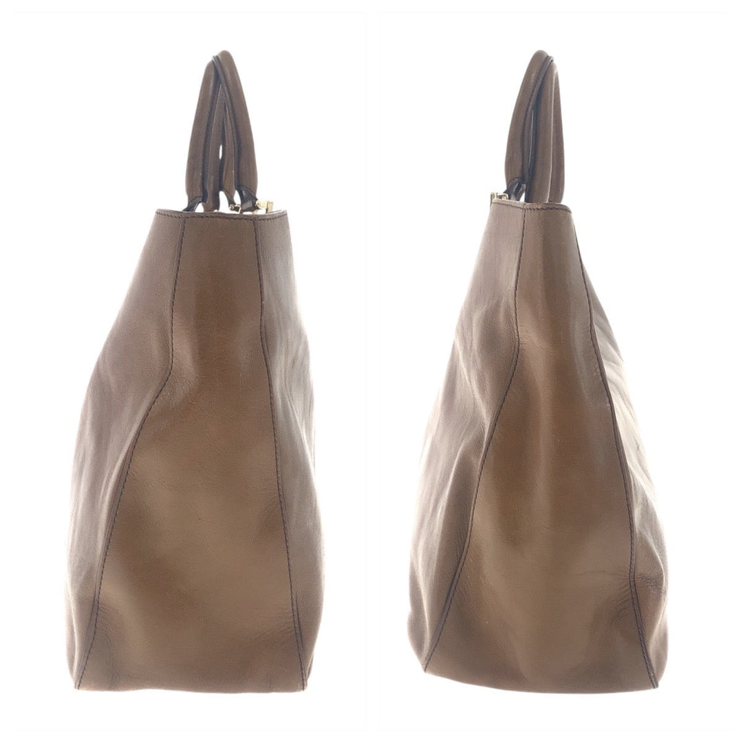 FENDI Tote Bag leather Brown Gold Metal Tote Bag handbag Women Used Authentic