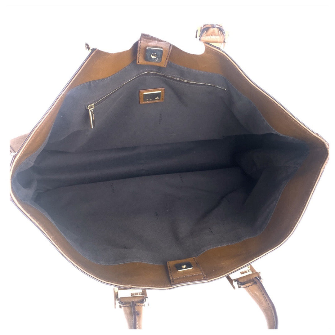 FENDI Tote Bag leather Brown Gold Metal Tote Bag handbag Women Used Authentic