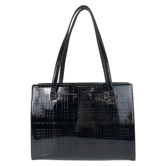 BURBERRY Tote Bag Patent leather Black SilverMetal Tote bag Shoulder Bag Check Pattern Embossed Women Used Authentic