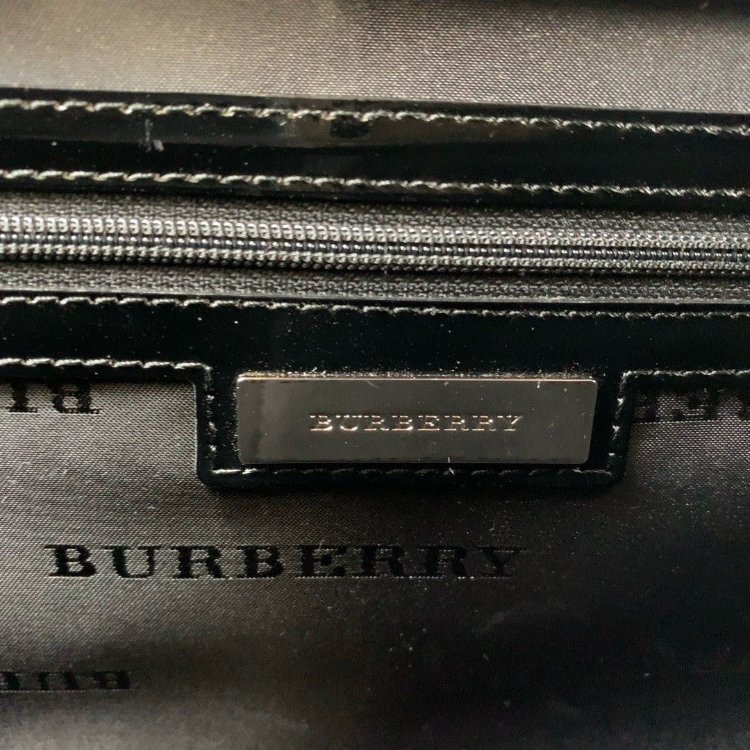 BURBERRY Tote Bag Patent leather Black SilverMetal Tote bag Shoulder Bag Check Pattern Embossed Women Used Authentic