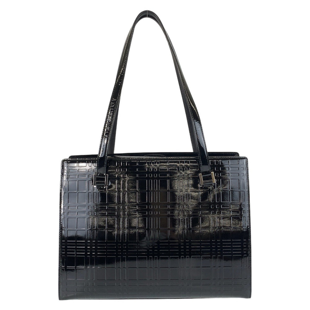 BURBERRY Tote Bag Patent leather Black SilverMetal Tote bag Shoulder Bag Check Pattern Embossed Women Used Authentic