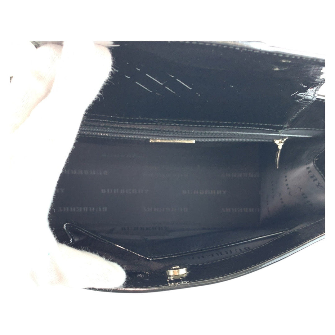 BURBERRY Tote Bag Patent leather Black SilverMetal Tote bag Shoulder Bag Check Pattern Embossed Women Used Authentic