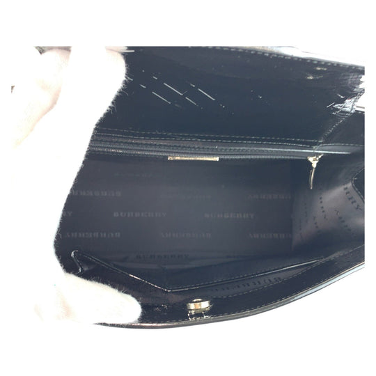 BURBERRY Tote Bag Patent leather Black SilverMetal Tote bag Shoulder Bag Check Pattern Embossed Women Used Authentic
