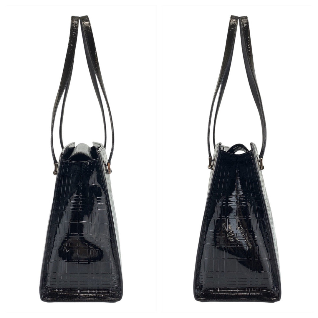 BURBERRY Tote Bag Patent leather Black SilverMetal Tote bag Shoulder Bag Check Pattern Embossed Women Used Authentic