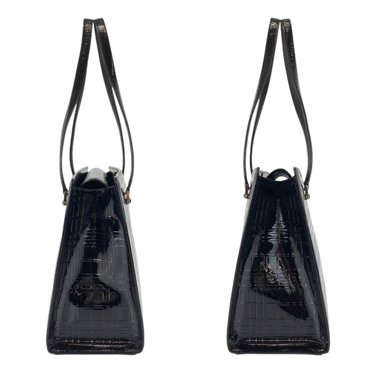 BURBERRY Tote Bag Patent leather Black SilverMetal Tote bag Shoulder Bag Check Pattern Embossed Women Used Authentic