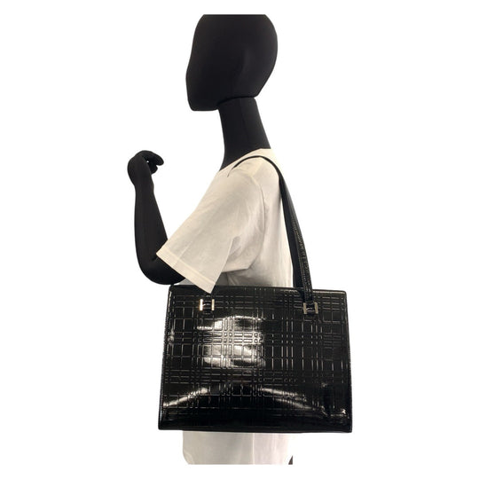 BURBERRY Tote Bag Patent leather Black SilverMetal Tote bag Shoulder Bag Check Pattern Embossed Women Used Authentic