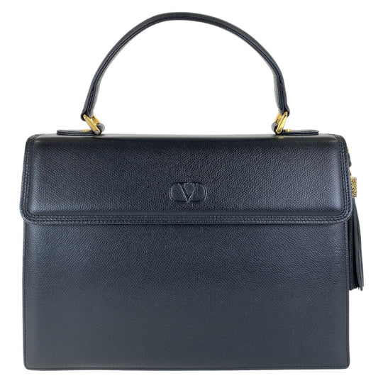 Valentino Garavani Handbag leather Black Gold Metal Kelly Style Tassel Women Used Authentic