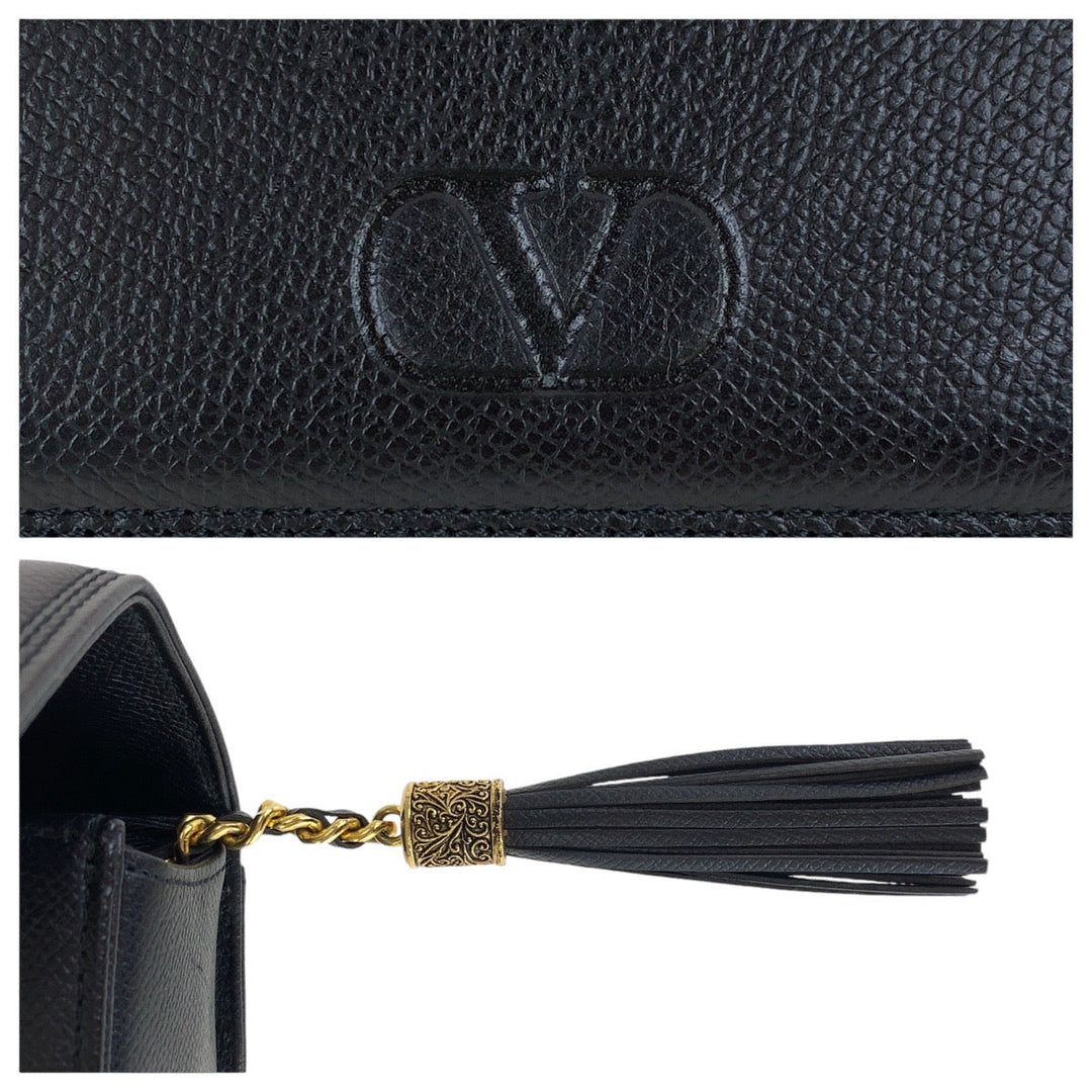 Valentino Garavani Handbag leather Black Gold Metal Kelly Style Tassel Women Used Authentic