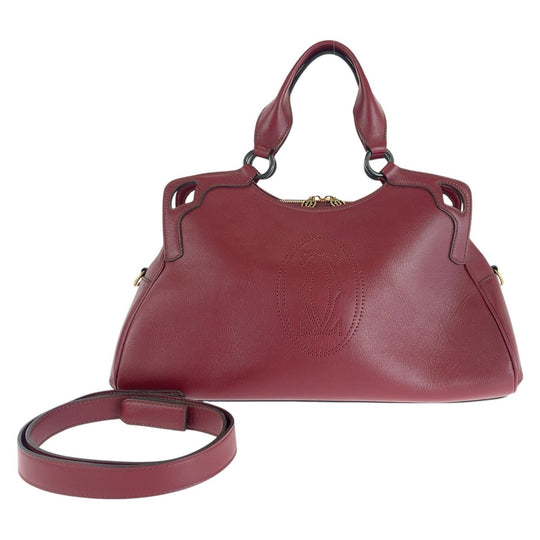 CARTIER Tote Bag leather Wine Red Bordeaux Gold Metal Tote Bag Shoulder Bag 2way Marcello Women Used Authentic